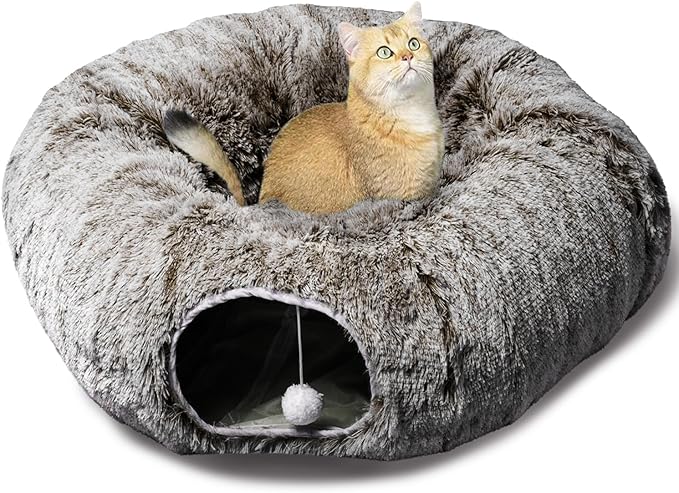 AUOON Cat Tunnel Bed - Cat Donut Tunnel with Soft Plush Circle Cushion for Indoor Cats Kitten Kitty Puppy Rabbit Ferret (Brown)-PawvioPets