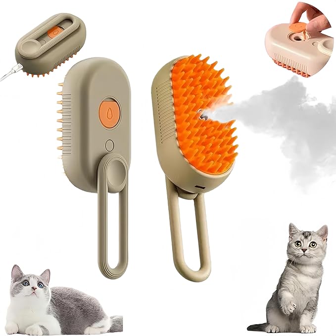 BoBow Cat Steam Brush for Shedding for Cats and Dogs, 3 in 1 Grooming Anti-Static Steam Pet Brush, Massage, Cleaning, Shedding, Combing Long and Short Hair Dogs and Cats (Khaki)-PawvioPets