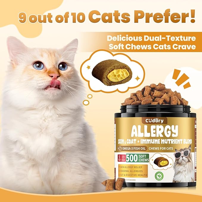 Cat Allergy Relief for Cats, Crunchy & Creamy Chews for Immune & Skin Coat Support – Seasonal Allergies, Itching Relief, Omega 3 & Probiotic Natural Supplement for Cats, Chicken Flavor – 500 Chews-PawvioPets