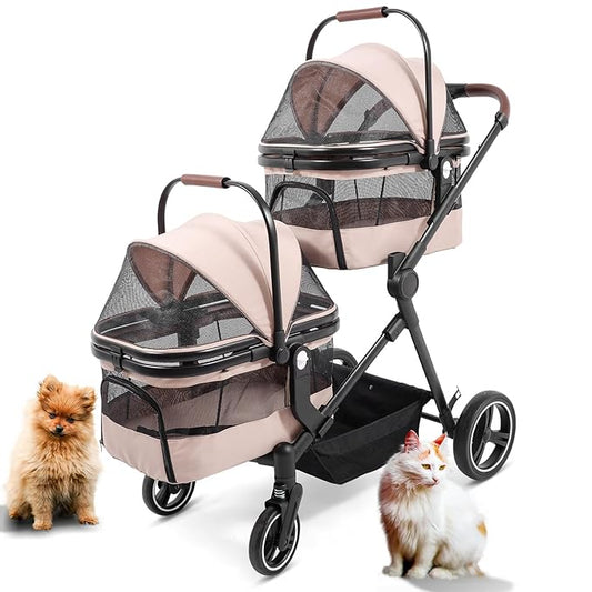 Foldable Double Pet Stroller for 2 Small Medium Cats Dogs, Lightweight Single and Double Integrated Pet Stroller with Detachable Carriers-PawvioPets