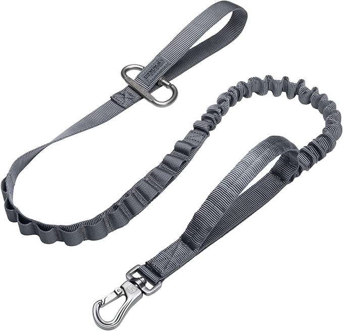 EXCELLENT ELITE SPANKER Tactical Bungee Dog Leash Military Adjustable Dog Leash Quick Release Elastic Leads Rope with 2 Control Handle（Grey-PawvioPets