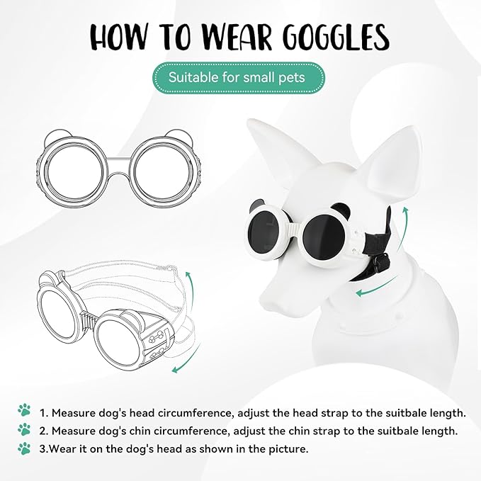 Dog Goggles for Small Breed UV/Wind/Dust Protection Puppy Sunglasses with Adjustable Strap - White-PawvioPets