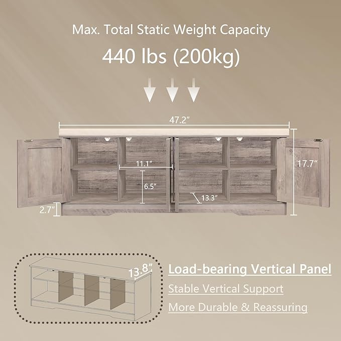 DINZI LVJ Shoe Bench, Entryway Storage Bench with Doors, Cushion, 2-Tier Shoe Rack with 8-Cubby, 47.2”L x 13.8”W Shoe Organizer Cabinet, Adjustable Shelf, Living Room, Bedroom, Greige-PawvioPets