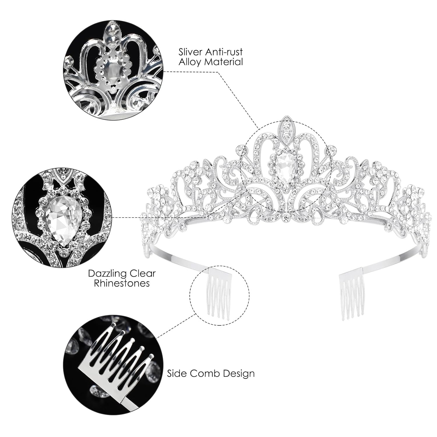 Makone Crowns for Women Princess Tiaras for Girls Queen Crown and Comb Tiara for Wedding Birthday Pageant Bridal Prom Christmas Gift (Silver)