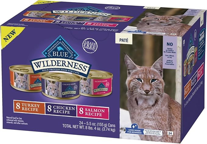 Blue Buffalo Wilderness High Protein, Natural Adult Pate Wet Cat Food Variety Pack, Chicken, Salmon, Turkey 5.5-oz can (24 count - 8 of Each Flavor)-PawvioPets