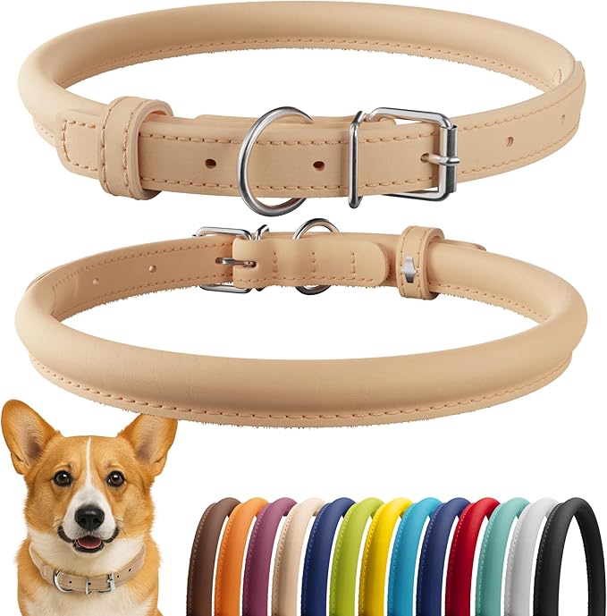 CollarDirect Rolled Leather Dog Collar, Soft Padded Round Puppy Collar, Handmade Genuine Leather Collar Dog Small Large Cat Collars 13 Colors (13-16 Inch, Beige Smooth)-PawvioPets