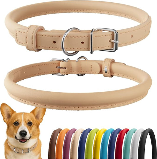 CollarDirect Rolled Leather Dog Collar, Soft Padded Round Puppy Collar, Handmade Genuine Leather Collar Dog Small Large Cat Collars 13 Colors (11-14 Inch, Beige Smooth)-PawvioPets