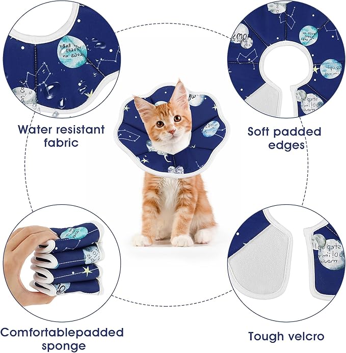 Cobee Soft Cat Cone Collar, Protective Cute Small Cat Recovery Collar Adjustable Fasteners Collars for Kittens Cats E-Collars After Surgery Wound Healing, Fit 6.3"-9" Neck Circumference(Constellation)-PawvioPets