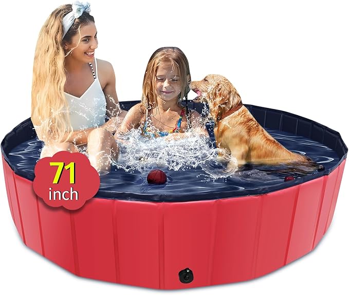 Foldable Dog Pool, 71" x 14" Large Kiddie Pool with Hard Plastic, Non-Slip Dog Bath Tub for Outdoor Backyard, Collapsible Dog Swimming Pool for Kids Dogs Pets (Red)-PawvioPets