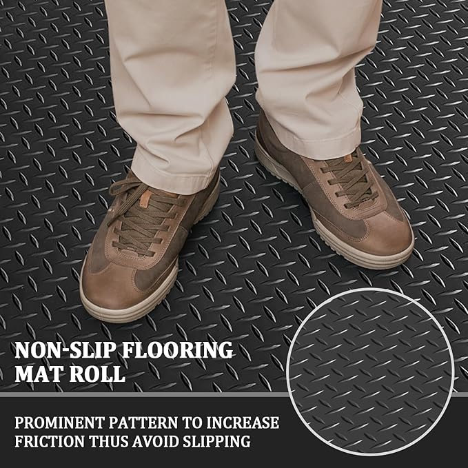 16.4 x 3.3Ft Garage Rubber Flooring Roll, 3 mm Thickness Floor Mat, Diamond Plate PVC Rubber Trailer Mats Non-Slip Flooring for Garage Gym Horse Stall Home Patio (Black)-PawvioPets