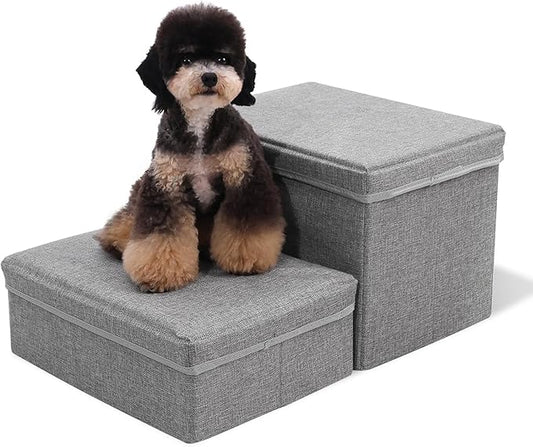 Foldable Dog Stairs/Steps 2-Tier Pet Steps Storage and Adjustable Steps for Small Medium Dogs Pet Steps Storage Stepper for High Beds Sofa Pet Dog Cat (2 Step-Light Grey)-PawvioPets