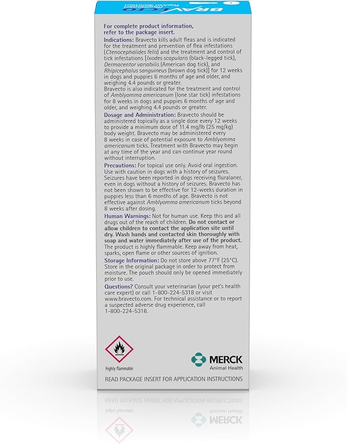 BRAVECTO Topical Solution for Dogs, Flea & Tick, 12 Week Supply, >44-88 lbs., Blue Box-PawvioPets