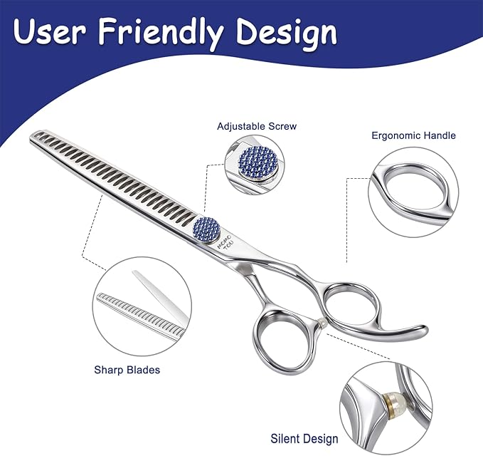 7.5'' Dog Grooming Scissors CNC 440C Blades Sharp and Durable Polished Chunker Dog Shears with Blue Diamond Adustable Screws Easy to Use for Groomer and Home User-PawvioPets