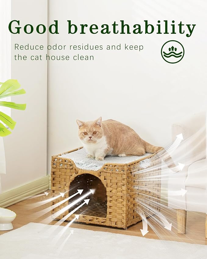 Cat Beds Indoor Kitten House, Handwoven Rattan Cat Cave Pet Cube, Large Cat Houses, One Bed Mat, Foldable, Hideaway, 16.5x16.5x13.2 Inches, 2 S-Shaped Hooks in Living Room Bedroom Natural-PawvioPets