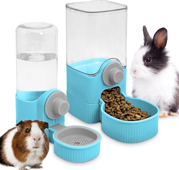 Fhiny Rabbit Food & Water Dispenser, Large Capacity Gravity Guinea Pig Feeder and Waterer Set for Cage Hanging Automatic Bunny Feeder for Bunny Guinea Pig Chinchilla Ferret Cat Puppy-PawvioPets