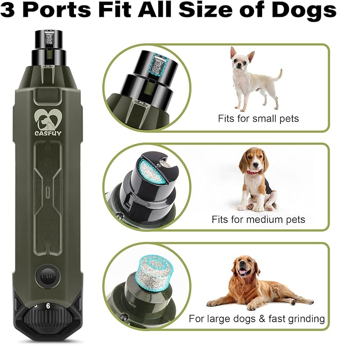 Casfuy 6-Speed Dog Nail Grinder - Newest Enhanced Pet Nail Grinder Super Quiet Rechargeable Electric Dog Nail Trimmer Painless Paws Grooming & Smoothing Tool for Large Medium Small Dogs (Army Green)-PawvioPets