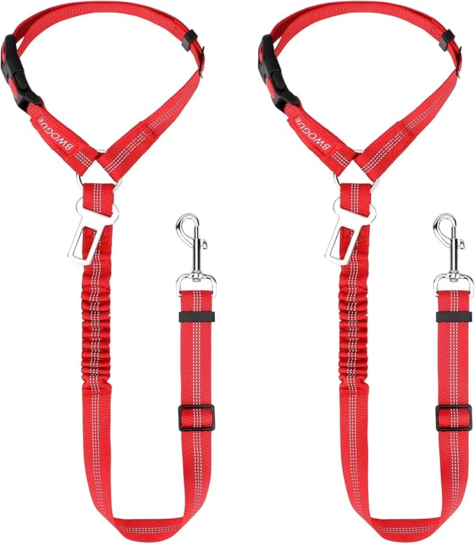 BWOGUE 2 Piece Dog Seat Belt for Car with Elastic Bungee Buffer Safety Seatbelt Car Headrest Restraint Wear Adjustable Metal Buckle Harness in Vehicle Travel for Pet-PawvioPets