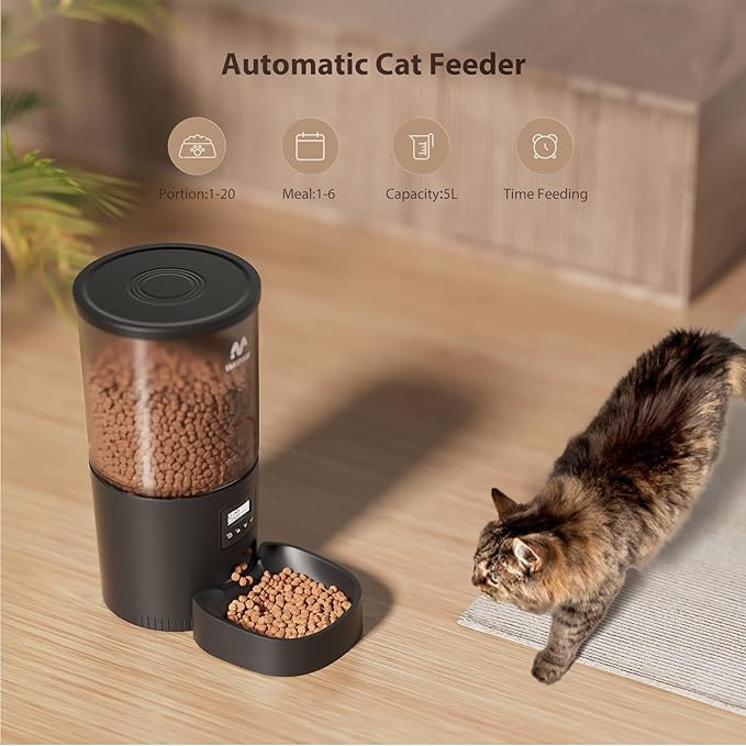 Automatic Cat Feeders, 5L Large Capacity, Timed Feeding Dry Food, Dual Power Design, Programmable Portion Size, 1-6 Meals Per Day, with Desiccant, Suitable for Small Pets Food Dispenser, Black-PawvioPets