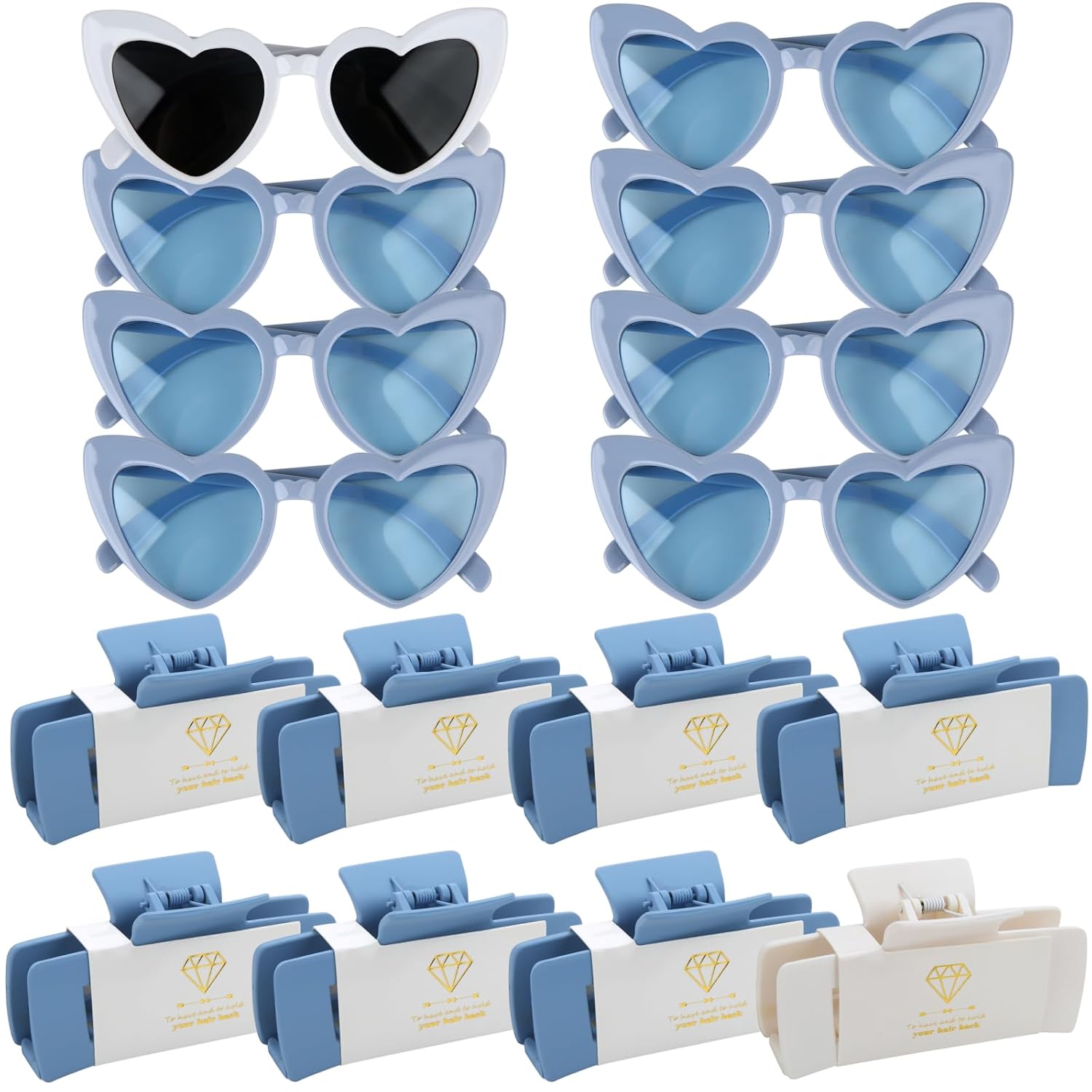 16pcs Bridesmaid Proposal Gifts 4.1inch square Matte Bachelorette Claw Clips Sunglasses set of 12 Girls Trendy Cute Hair Clips for Wedding Party Favors(16pcs White&Dusty Blue)