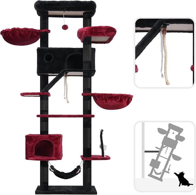 Gothic Cat Tree for Large Cats, 78.7"(200cm) Tall Cat Tower for Indoor Cats Multiple Cats with Large Top Perch, Cat Condo, Cat Hammcok, Cat Scratching Post, Black and Red GCT031BR-PawvioPets