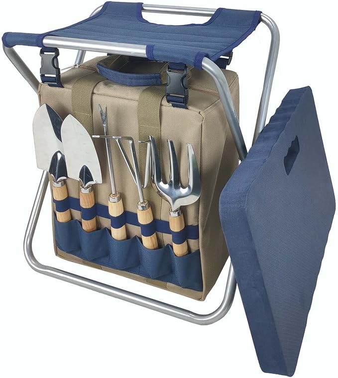 Garden Folding Gardener Stool with Gardening Tools Insulation Garden Bags Plus 5 Garden Tools and Gardening Kneeler Ideal Gift for Mother's Day/Father's Day (Navy Blue)-PawvioPets