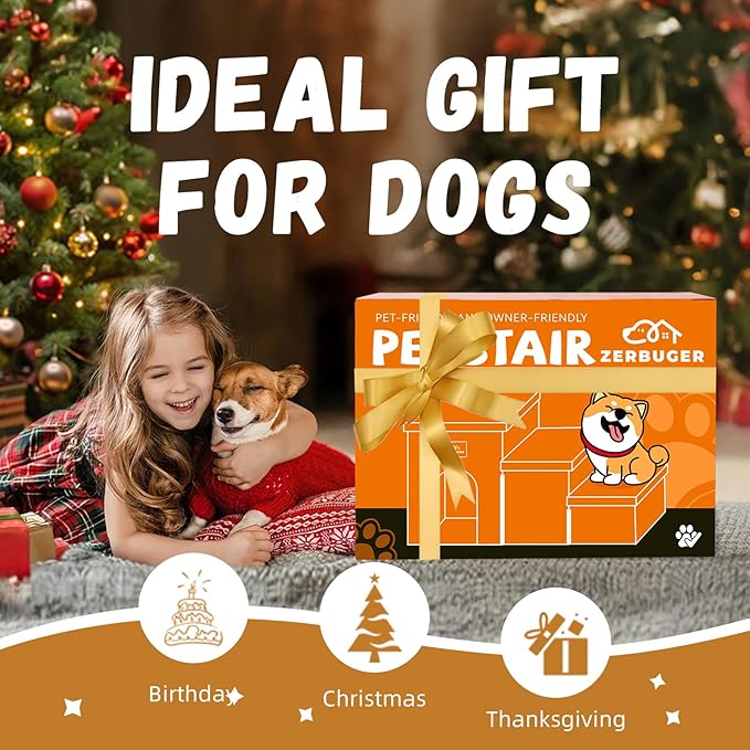 Dog Stairs with Condo 18" H, 3-Step Wider Dog Steps for High Beds Couch, Folding Storage Pet Stairs Gift for Small/Medium/Large Old Dogs Cats, Ramp for Climbing Car Up to 200 lbs, Brown-PawvioPets