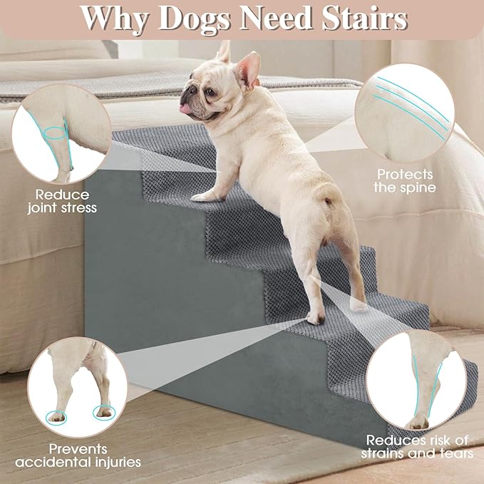 GGIB Dog Stairs for Small Dogs Cats Non-Slip Dog Steps for High Bed Pet Stairs for Sofa Couch Pet Ramp Pet Steps with Removable Washable Cover, Grey, 22" H, 5-Step-PawvioPets