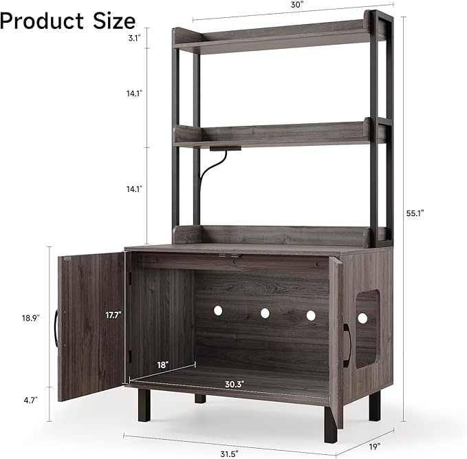 55 Inches Cat Litter Box Enclosure, Hidden Litter Box Furniture with 2 Storage Shelves and Charging Sockets, Wooden Cat House, Large Indoor Cabinet for Living Room & Entryway, Grey-PawvioPets