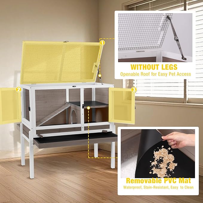 Aivituvin 2-Story Rabbit Hutch with Anti-Chew Ramp & Zinc Sheet - 36.6" Indoor Guinea Pig Cage, Wooden Stand, Pull-Out Tray & Leakproof Floor (Brown)-PawvioPets