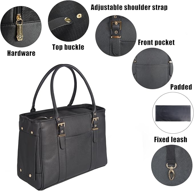 Fashion Pet Carrier Dog Purse Cat Bag Soft-Sided Carriers Travel Airline Approved, Stylish Leather Tote Handbag for Small Animal Puppy Kitten (Black)-PawvioPets