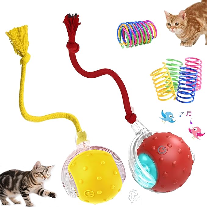 2-Pack Interactive Cat Toys Ball - 2025 New Gen with 360° Auto-Rotation Smart Obstacle Avoidance,Includes 8 Cat Spiral Spring,Ideal Kitten Toys for Bored Indoor Cats(Red＆Yellow, Cat Toy Ball)-PawvioPets