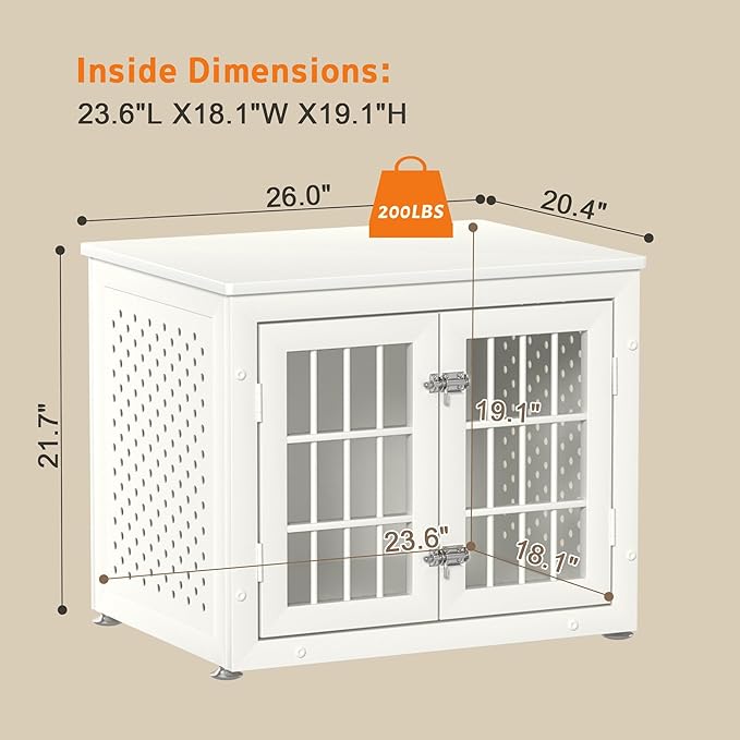 26" Heavy Duty Dog Crate Furniture for Small Dogs, Metal Kennel for High Anxiety Dogs, Chew Proof Pet Cage Indoor, Decorative Kennel End Table, White-PawvioPets