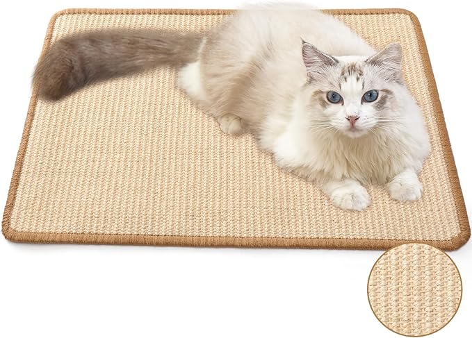 FUKUMARU Cat Scratcher Mat, 23.6 X 15.7 Inch Natural Sisal Cat Scratch Mats, Horizontal Cat Floor Scratching Pad Rug with Sticky Tapes, Protect Sofa and Carpet-PawvioPets