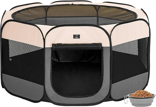 A4Pet Dog Playpen Indoor, 49” Portable Playpen with Bowl, Suitable for Puppies, Kittens, and Small Animals, Removable Zipper & Mesh Panel(16”W × 10”H)-PawvioPets