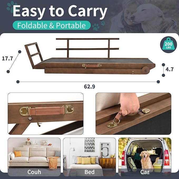 Dog Ramp, 5 Level Adjustable Height Folding Pet Ramp for High Bed, Portable Paw Ramps Large Bed Ramp for Medium & Large Old Dogs & Cats - Natural Wood Furniture Quality-PawvioPets