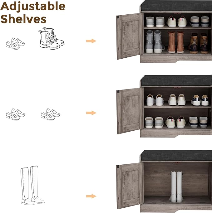 2-Tier Storage Bench, Shoe Bench with Thickened Padded Seat Cushion, Entryway Bench with 4 Doors, Adjustable Shelf, 13.8" D x 45.3" W x 18.5" H, for Entryway, Living Room, Bedroom, Greige-PawvioPets