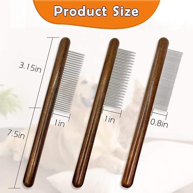 3 Pack Solid Wood Cat Combs, Stainless Steel Teeth for Cat Dog Rabbit Massage, Flea Lice Comb Removes Mats, Tangles and Loose Fur, Grooming Comb for Small Medium Pets-PawvioPets