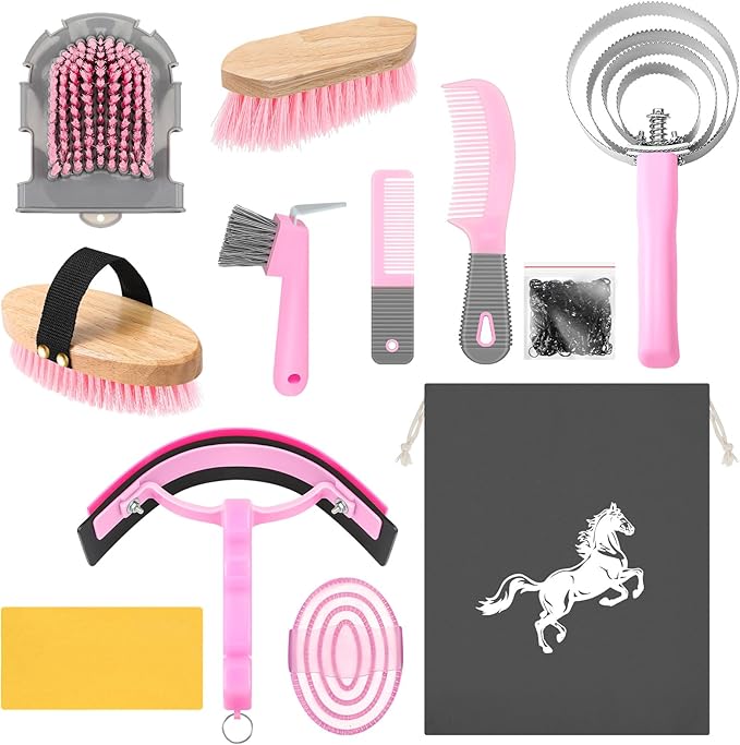Abbylike 12 Pieces Horse Grooming Kit Racing Festival Tack Room Supplies Horse Brush Sets Equine Care Cleaning Kit Shedding Grooming Massaging Tools(Pink and Grey)-PawvioPets