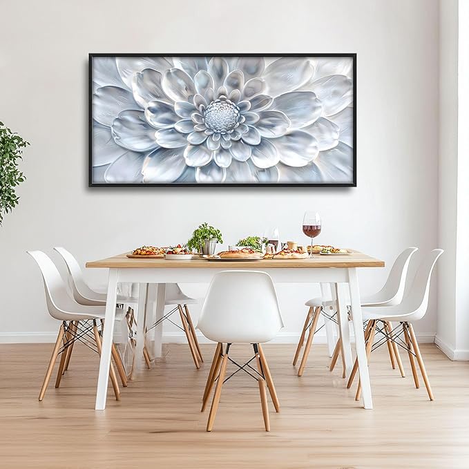 Abstract Flower Large Wall Art White Silver Floral Pictures Wall Decor Neutral Canvas Print Painting Artwork for Bathroom Living Room Bedroom 60L" x 30W"-PawvioPets