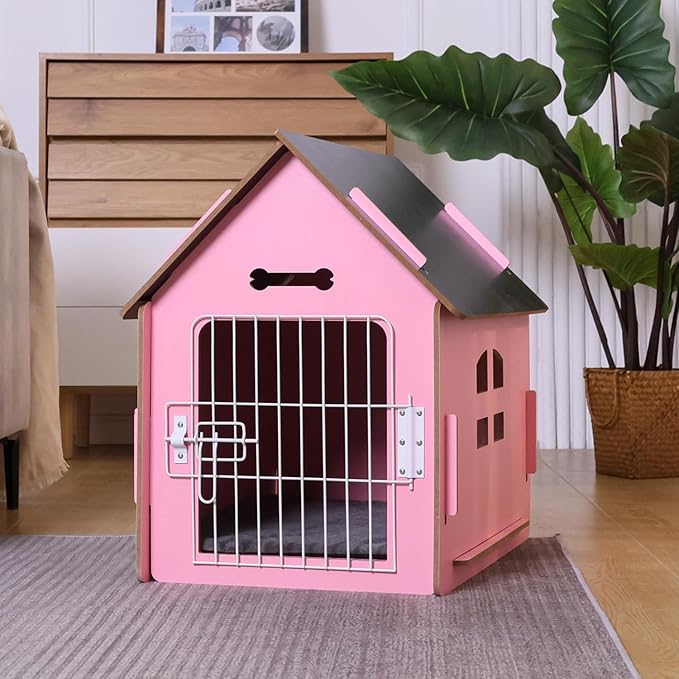 Dog House Indoor for Small Dogs or Cats, Cozy Wooden Design, Small Indoor Bed House, with Air Vents and Elevated Floor Warm Dog Cave (Large Pink)-PawvioPets