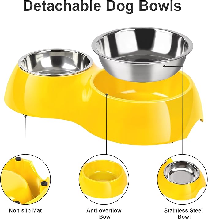 Elevated Dog Bowls Set - Non-Slip Raised Pet Feeder with Medium (2 Cups) & Large (4 Cups) Stainless Steel Bowls - Includes Durable Resin Stand for Puppies, Adult Dogs & Cats - Yellow-PawvioPets