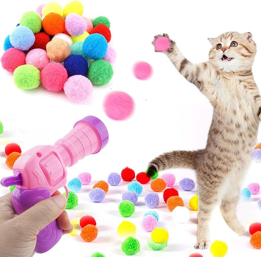 31Pcs Cat Ball Toy Launcher, 30Pcs Plush Fuzzy Balls, Cat Fetch Toy Gun Shooter for Indoor Kittens-PawvioPets