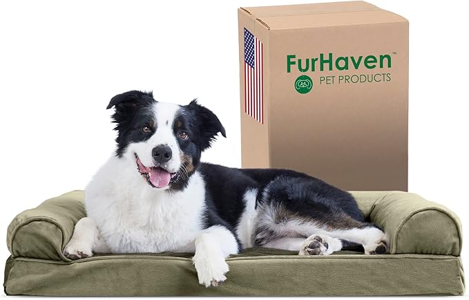 Furhaven Cooling Gel Dog Bed for Large/Medium Dogs w/ Removable Bolsters & Washable Cover, For Dogs Up to 55 lbs - Faux Fur & Velvet Sofa - Dark Sage, Large-PawvioPets