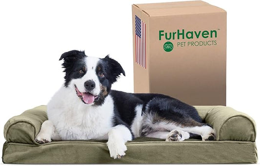 Furhaven Cooling Gel Dog Bed for Large/Medium Dogs w/ Removable Bolsters & Washable Cover, For Dogs Up to 55 lbs - Faux Fur & Velvet Sofa - Dark Sage, Large-PawvioPets