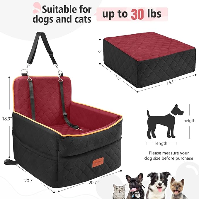 Dog Car Seat for Small Medium Dogs, Memory Foam Puppy Dog Booster Seat with Thick Cushion for Dogs Under 35lbs, Detachable Washable Pet Car Seat Travel Bed with Storage Pockets,2 Safety Belts-PawvioPets