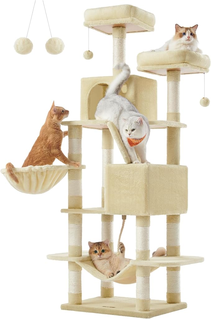 Feandrea Cat Tree, 66.1-Inch Large Cat Tower with 13 Scratching Posts, 2 Perches, 2 Caves, Basket, Hammock, Pompoms, Multi-Level Plush Cat Condo for Indoor Cats, Beige UPCT165M01-PawvioPets