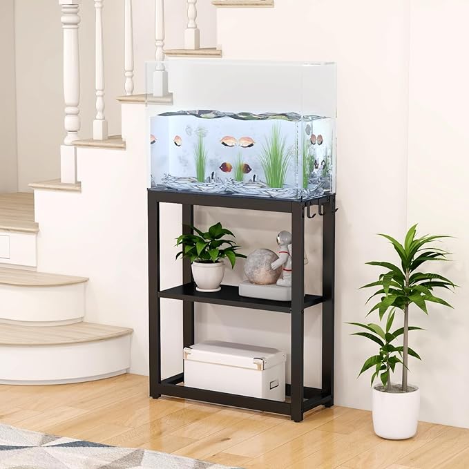10-20 Gallon Fish Tank Stand with Storage Shelf, Aquarium Stand Measuring 24.8" W x 9.5" D x 30.1" H with Hooks,Heavy Duty Metal Turtle Reptile Tank Stand, Easy Assemble-PawvioPets
