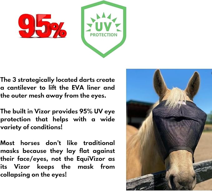 EquiVizor 95% UV Eye Protection (Full) Standard Horse Fly Mask - Help with Uveitis, Corneal Ulcer, Light Sensitivity. Designed to Stay On Your Horse, Off The Ground.-PawvioPets