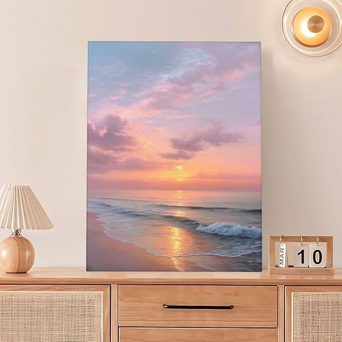 Beach Sunset Wall Art Ocean Coastal Scenery Wall Decor Seascape Picture Canvas Landscape Painting Print Framed Artwork Decorations for Living Room Office Bedroom Kitchen 12"x16"-PawvioPets