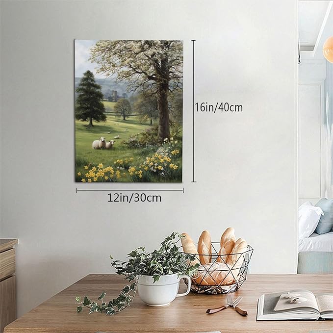 Country Sheep Canvas Wall Decor Farmhouse Rustic Lamb Wildflower Wall Art Nature Countryside Landscape Pictures Painting Print Framed Artwork Decorations for Bathroom Living Room Bedroom 12"x16"-PawvioPets